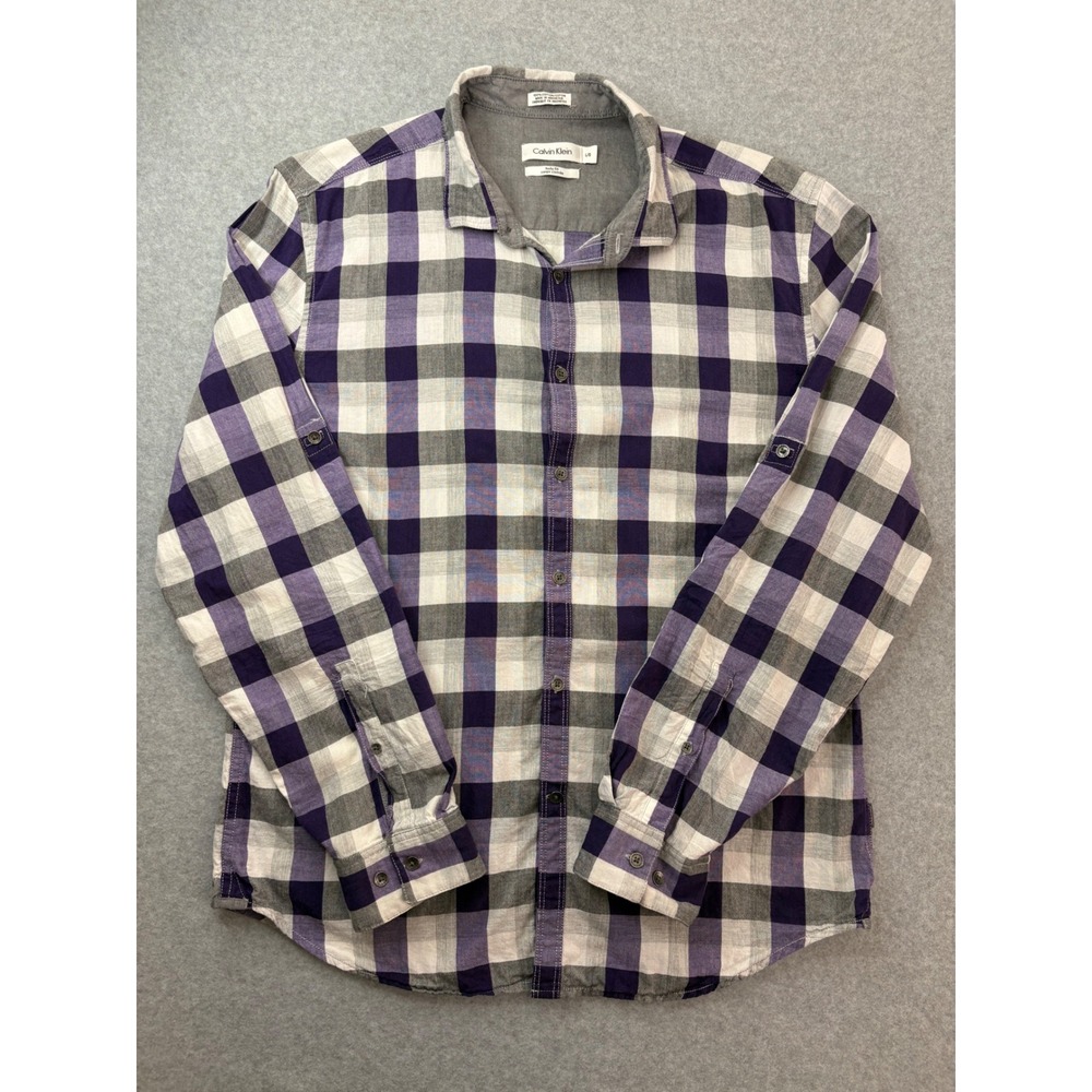 Calvin Klein Mens Purple Plaid Roll Tab Button Down Shirt Body Fit L RN9125D